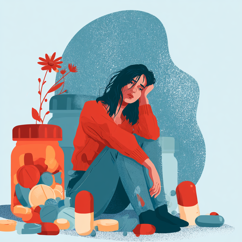 Person experiencing withdrawal symptoms surrounded by medication, illustrating what happens when drug or alcohol withdrawal starts before arriving at a detox center.