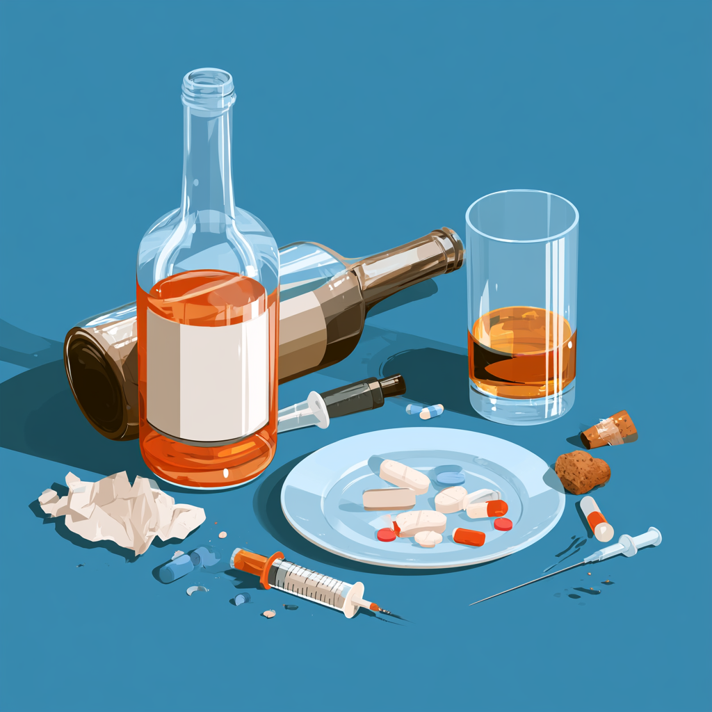 Alcohol bottles, pills, and syringes representing same-day drug or alcohol use and entering detox treatment in Kansas City.
