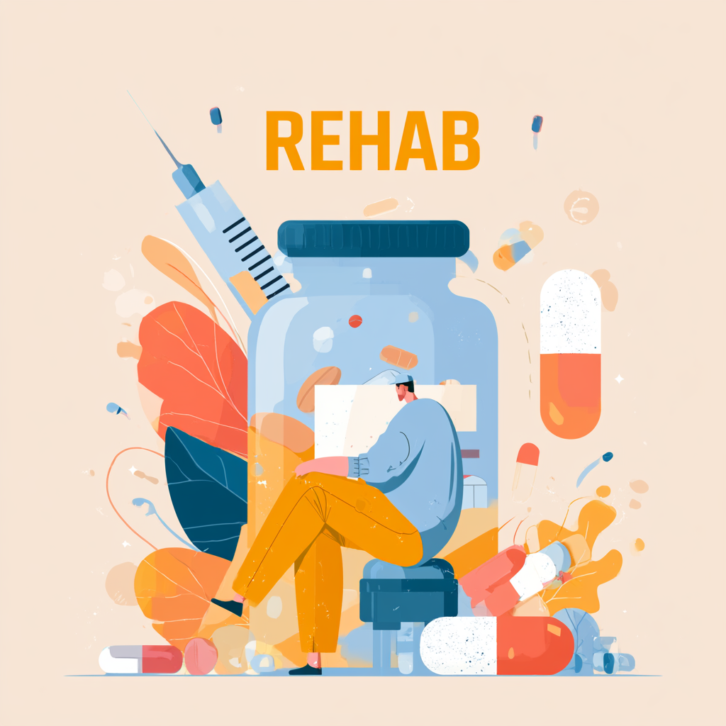 Rehab illustration with medications and syringe representing starting inpatient rehab directly after an overdose and transitioning into addiction treatment.