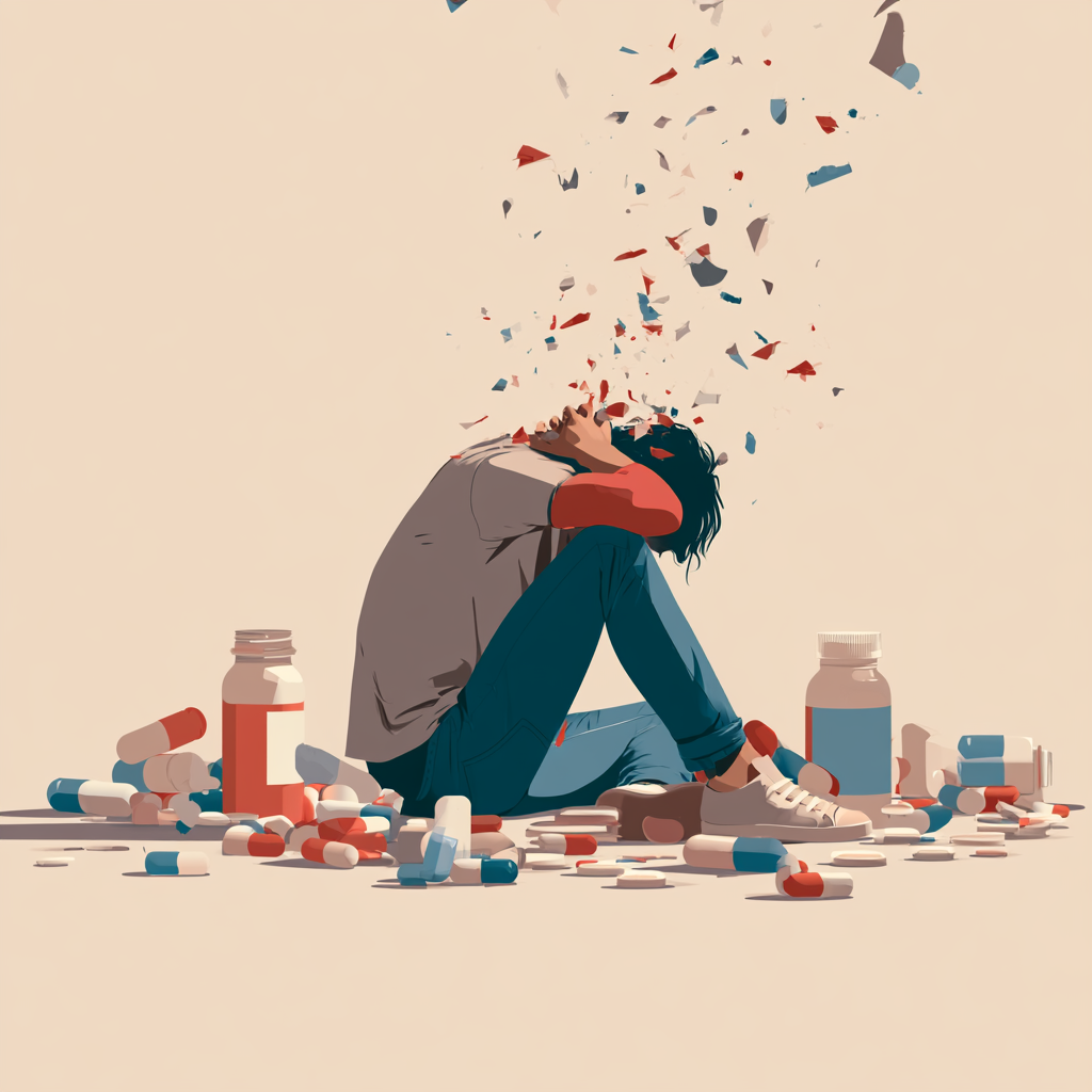 Person surrounded by medication and pills, illustrating the difference between physical dependence and addiction and whether one can occur without the other.