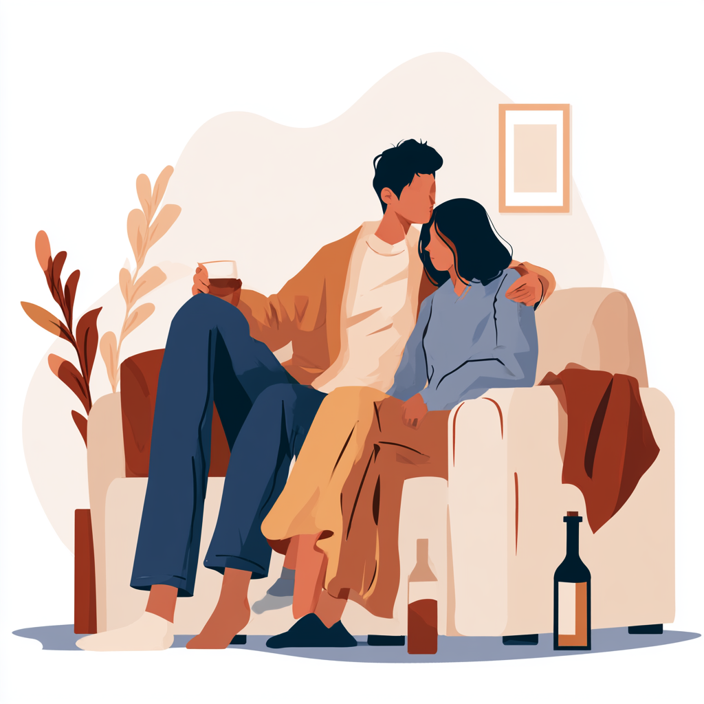 Couple sitting together with alcohol bottles nearby, representing couples seeking inpatient rehab at the same time for addiction treatment in Kansas City