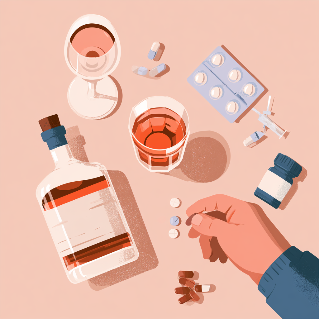 Alcohol, pills, and drug paraphernalia illustrating why honesty about recent drug and alcohol use matters during detox admission for safe treatment.