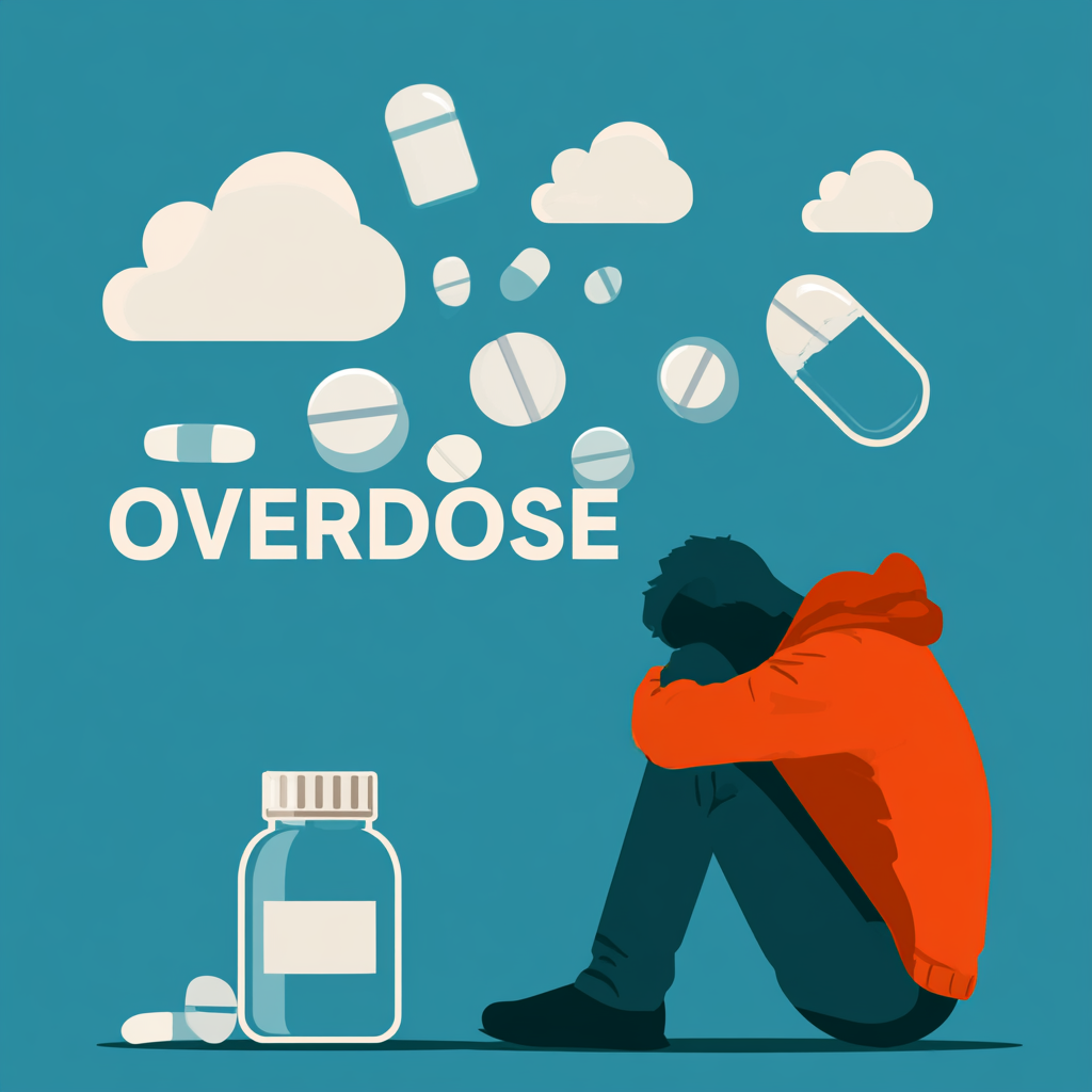 Person affected by an overdose surrounded by pills and medication, representing International Overdose Awareness Day and what to do after someone survives an overdose.
