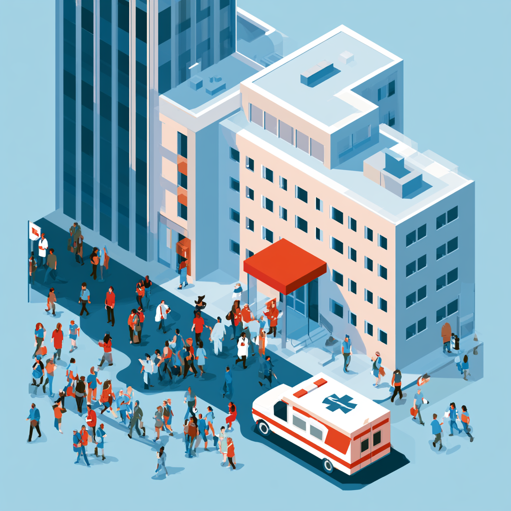 Hospital emergency room with an ambulance and patients, representing the transition from emergency care to residential addiction treatment in Kansas City.