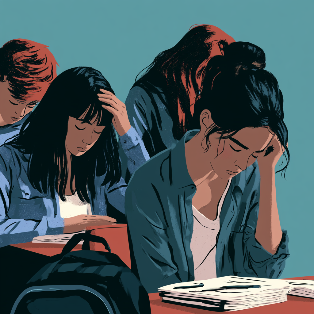 Stressed students overwhelmed by schoolwork, illustrating how back-to-school stress can affect mental health and increase addiction or substance use risks.