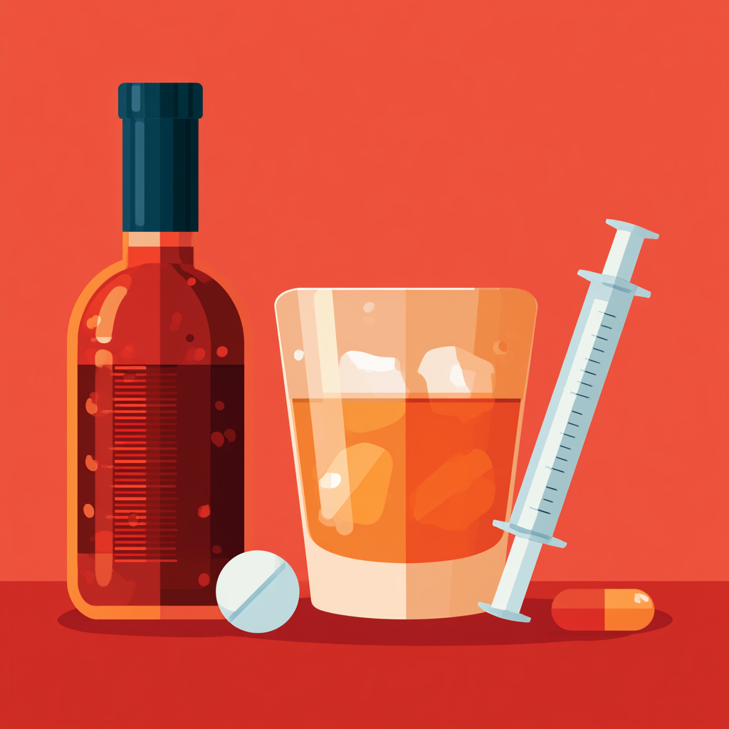 Alcohol, pills, and a syringe illustrating how extreme heat can increase the health risks of alcohol, stimulant, and opioid use.